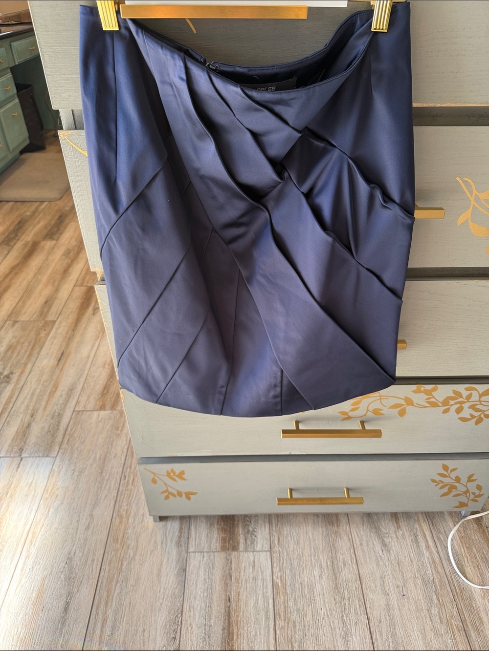 Per Se Deep Navy Satin Draped Mini Skirt
